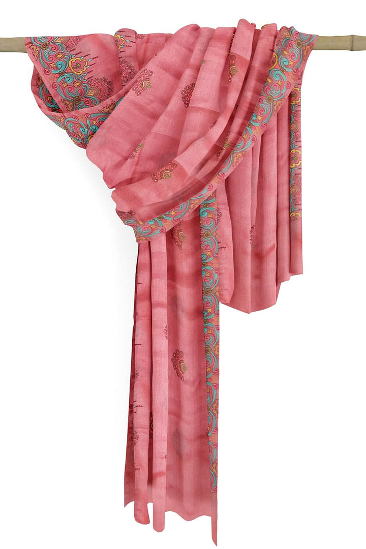 Handloom tussar pure silk dupatta in peach with floral embroidery work