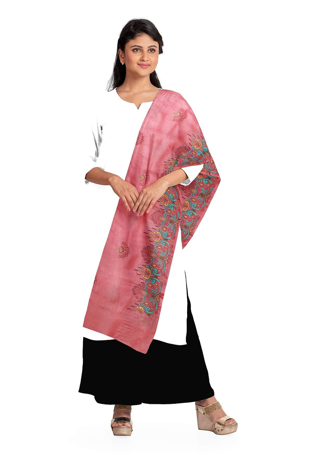 Handloom tussar pure silk dupatta in peach with floral embroidery work