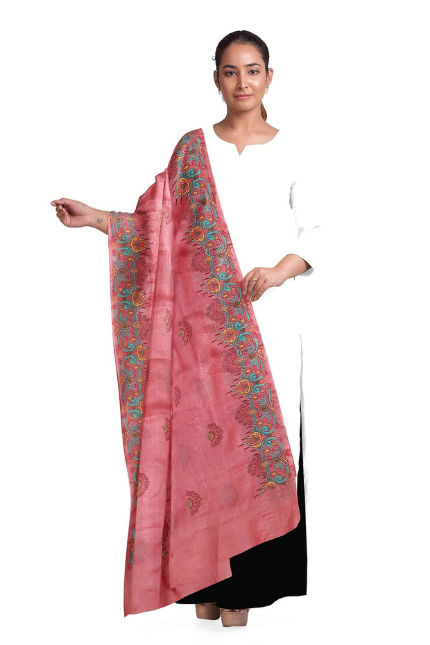 Handloom tussar pure silk dupatta in peach with floral embroidery work