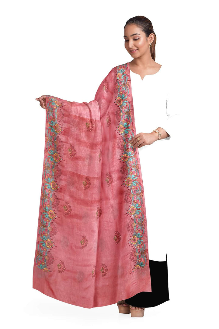 Handloom tussar pure silk dupatta in peach with floral embroidery work