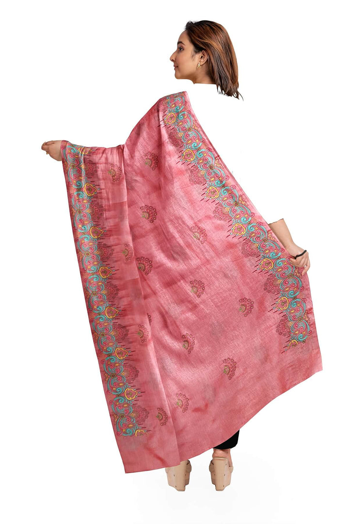 Handloom tussar pure silk dupatta in peach with floral embroidery work