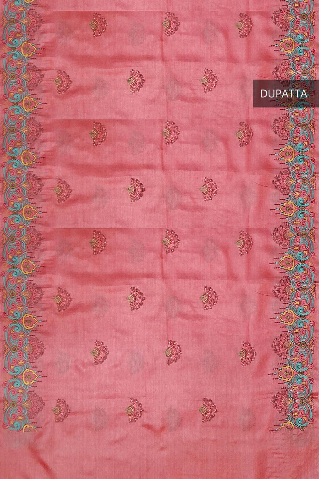 Handloom tussar pure silk dupatta in peach with floral embroidery work