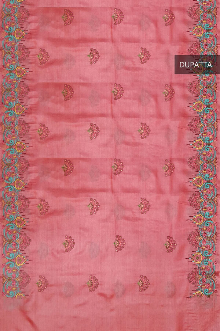 Handloom tussar pure silk dupatta in peach with floral embroidery work