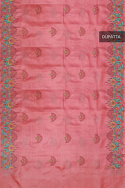 Handloom tussar pure silk dupatta in peach with floral embroidery work