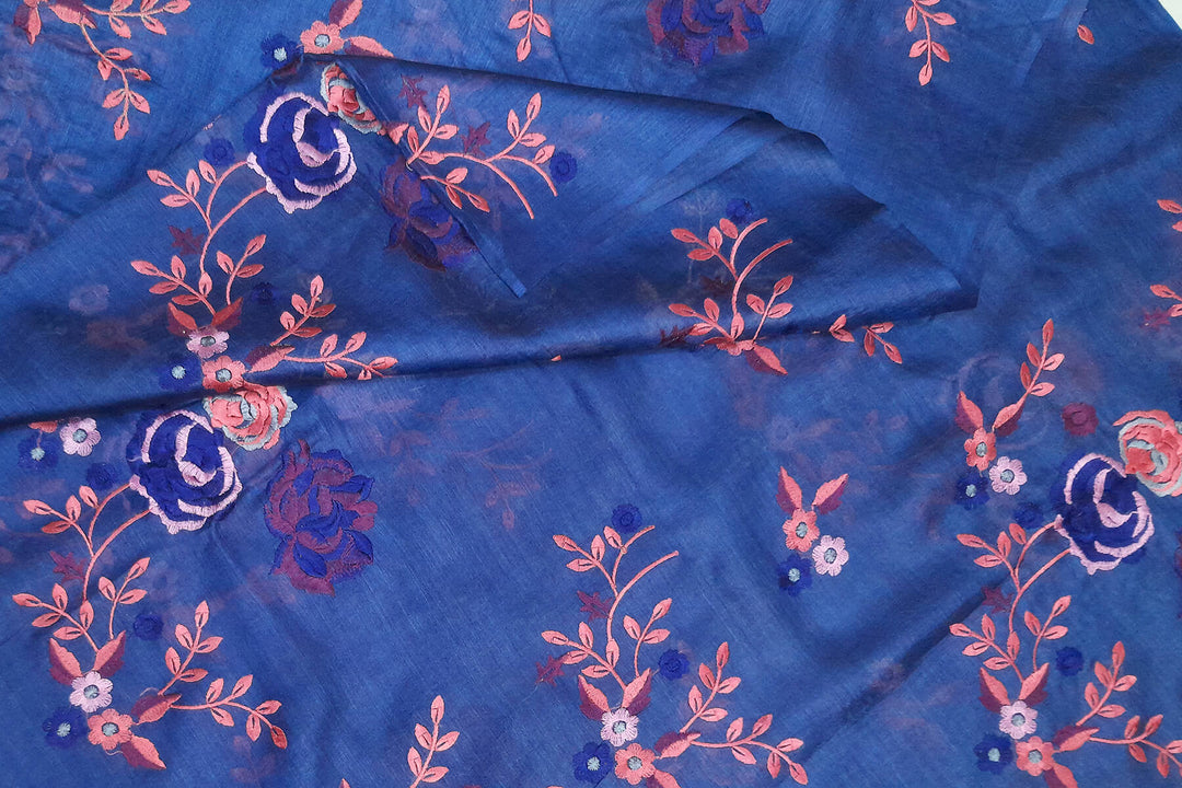 Handloom tussar pure silk dupatta in blue with floral embroidery work