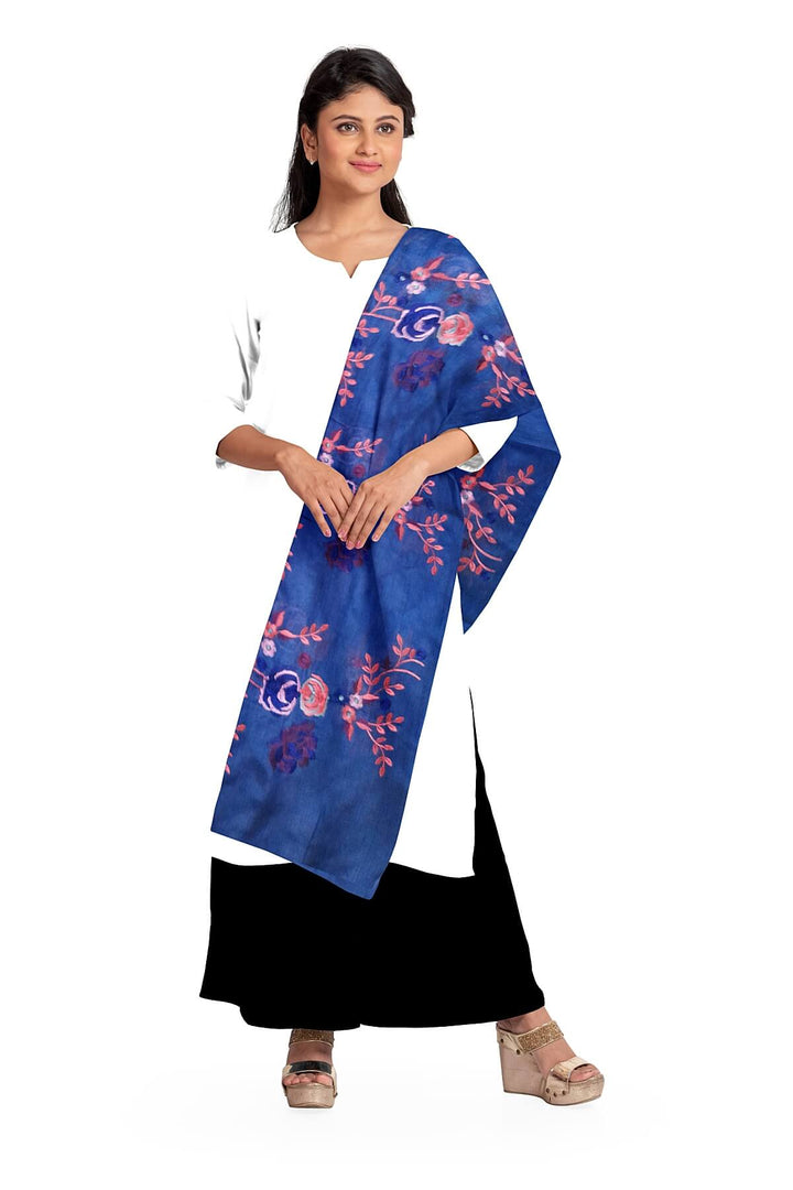 Handloom tussar pure silk dupatta in blue with floral embroidery work