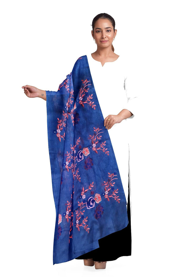 Handloom tussar pure silk dupatta in blue with floral embroidery work