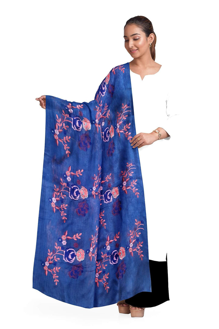 Handloom tussar pure silk dupatta in blue with floral embroidery work