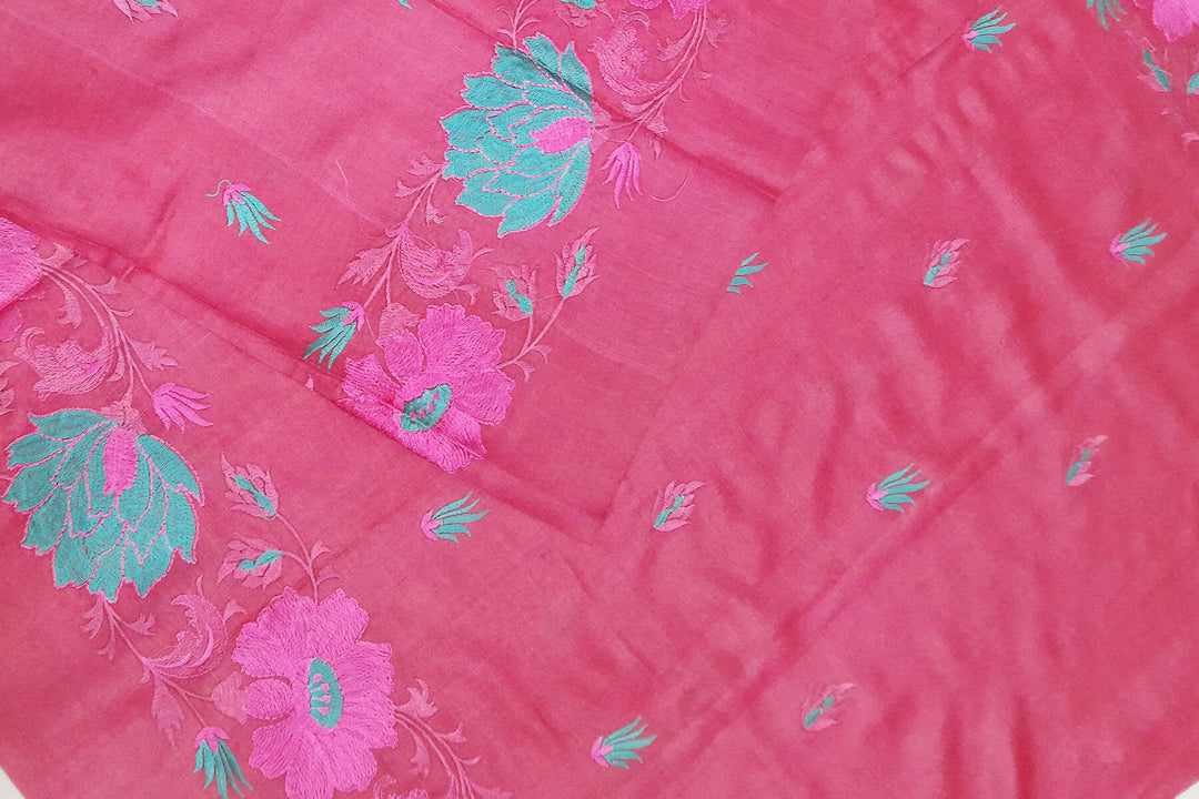 Handloom tussar pure silk dupatta in onion pink with floral embroidery work