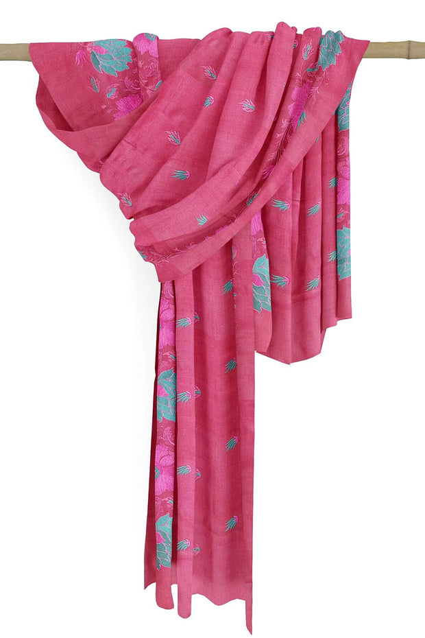 Handloom tussar pure silk dupatta in onion pink with floral embroidery work