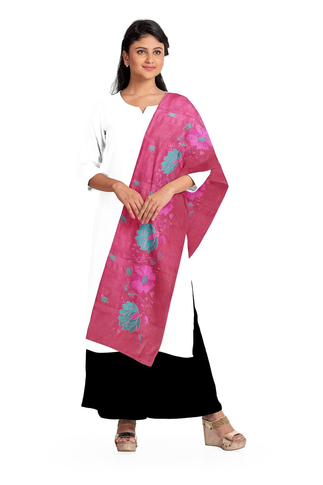 Handloom tussar pure silk dupatta in onion pink with floral embroidery work