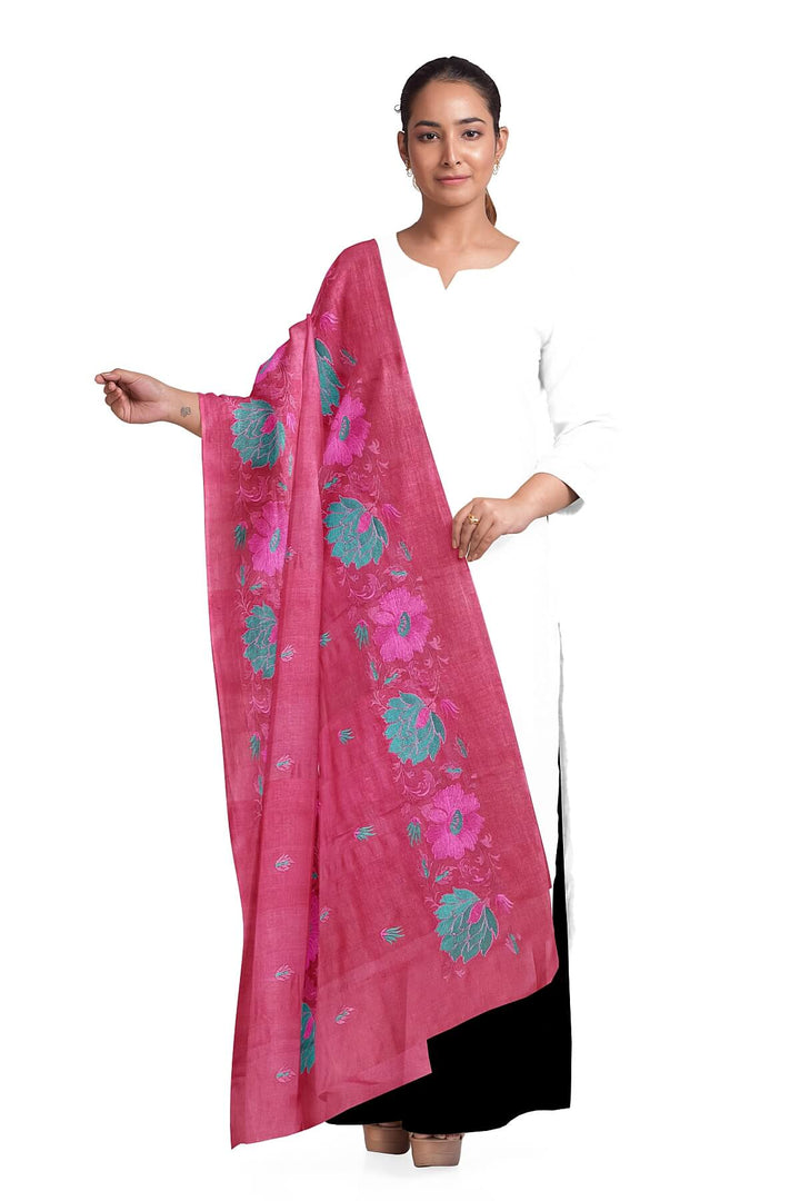 Handloom tussar pure silk dupatta in onion pink with floral embroidery work