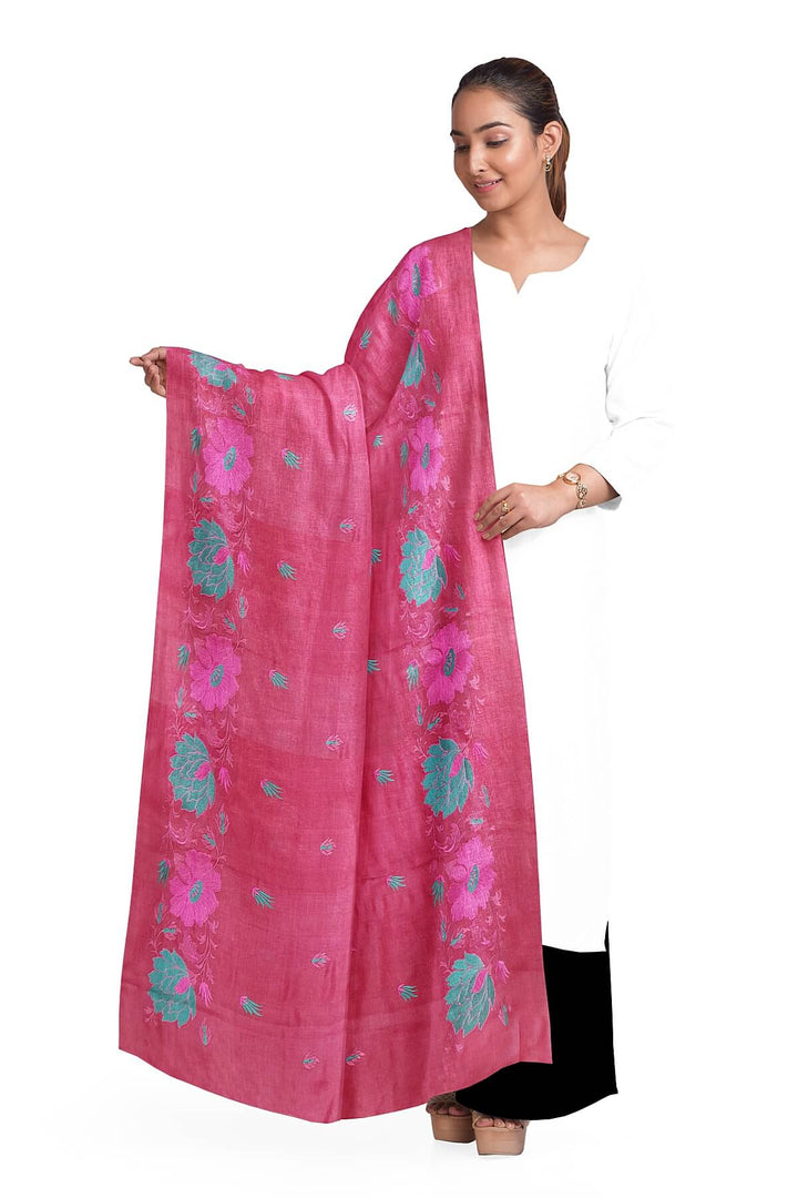 Handloom tussar pure silk dupatta in onion pink with floral embroidery work