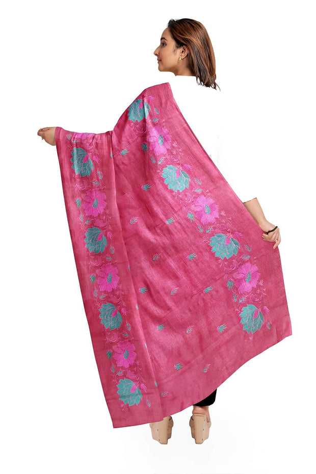 Handloom tussar pure silk dupatta in onion pink with floral embroidery work