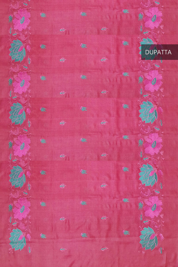 Handloom tussar pure silk dupatta in onion pink with floral embroidery work