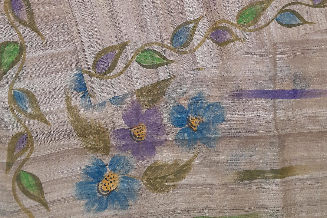 Handloom tussar pure silk dupatta  with hand painted floral pattern