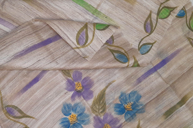 Handloom tussar pure silk dupatta  with hand painted floral pattern