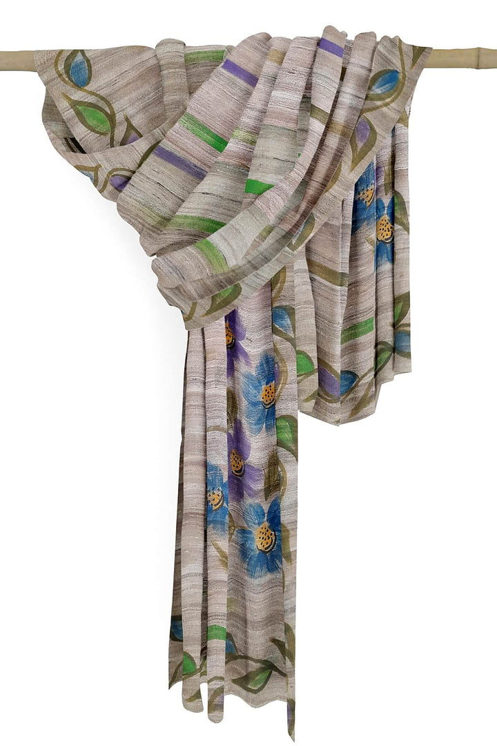 Handloom tussar pure silk dupatta  with hand painted floral pattern