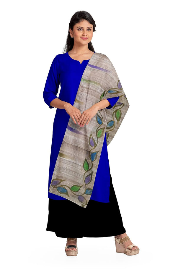 Handloom tussar pure silk dupatta  with hand painted floral pattern