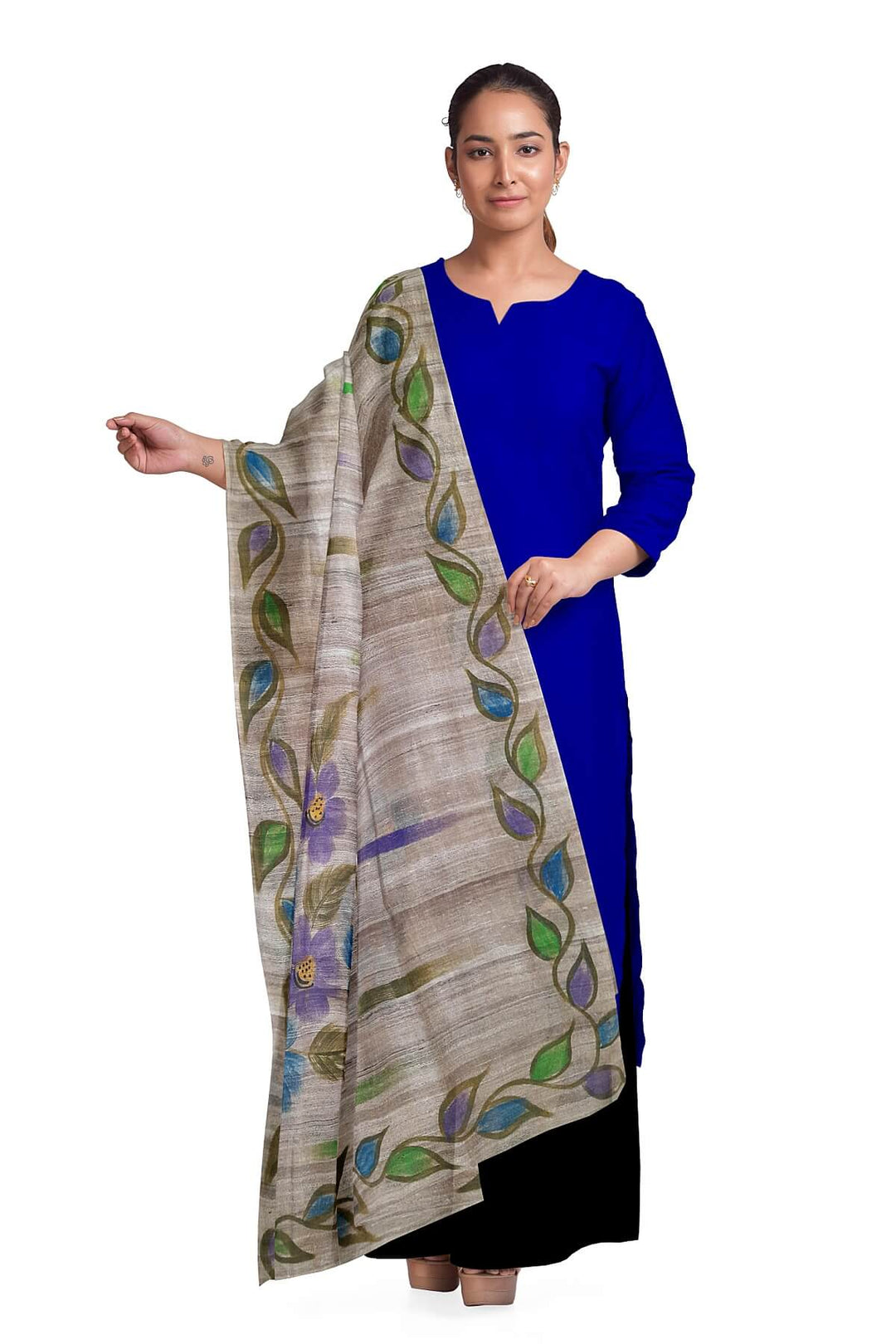Handloom tussar pure silk dupatta  with hand painted floral pattern