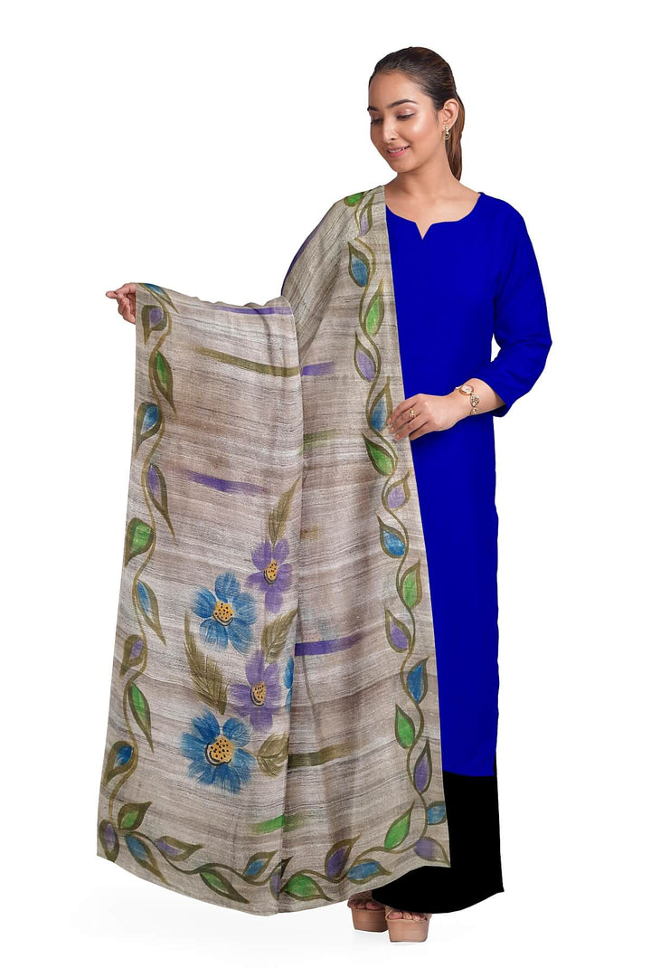 Handloom tussar pure silk dupatta  with hand painted floral pattern