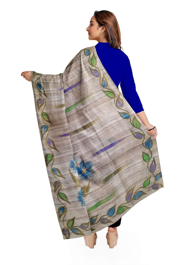 Handloom tussar pure silk dupatta  with hand painted floral pattern