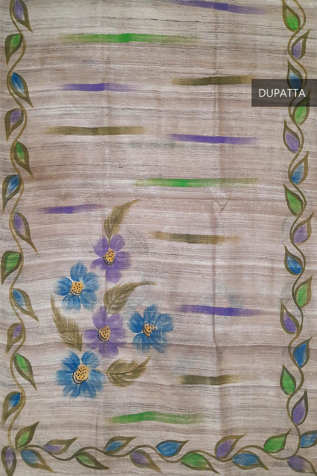Handloom tussar pure silk dupatta  with hand painted floral pattern