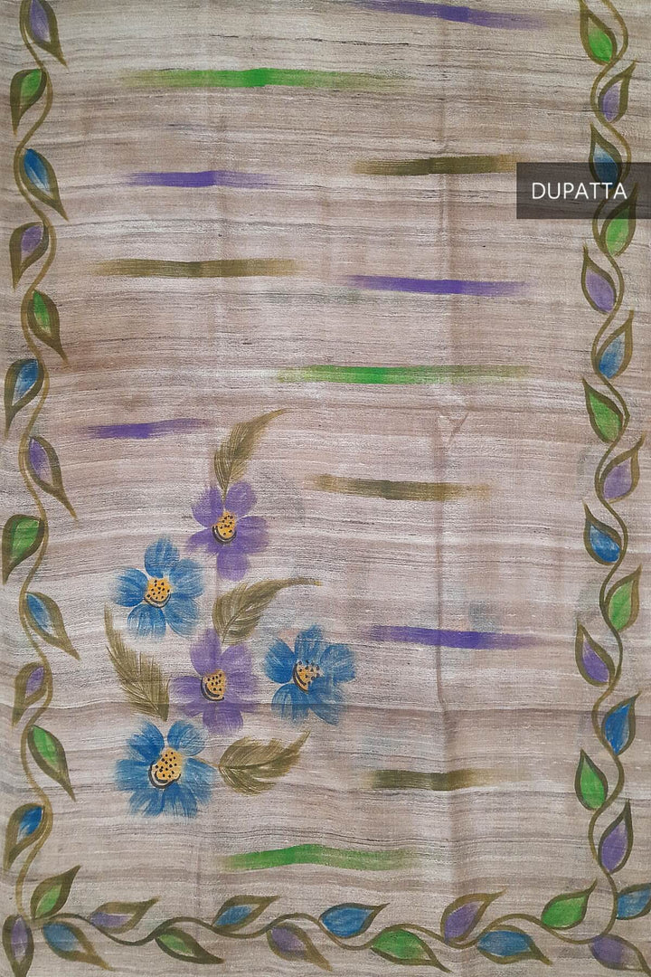 Handloom tussar pure silk dupatta  with hand painted floral pattern