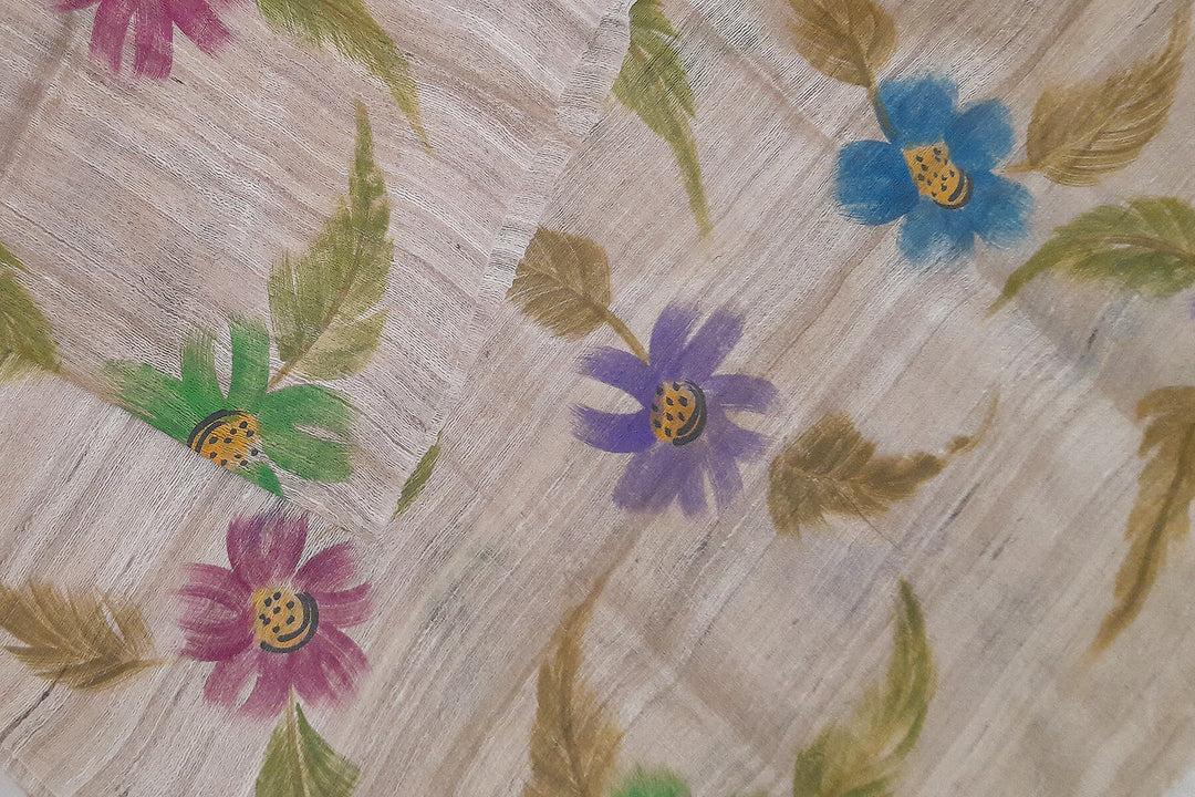 Handloom tussar pure silk dupatta  with hand painted floral pattern