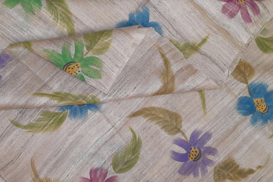 Handloom tussar pure silk dupatta  with hand painted floral pattern