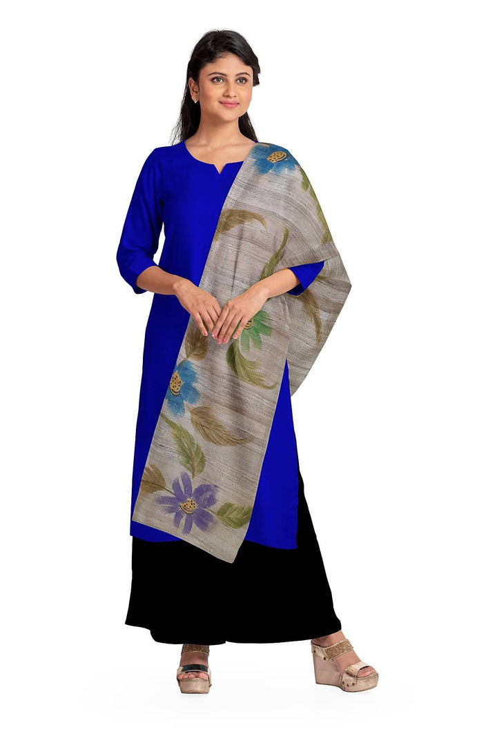 Handloom tussar pure silk dupatta  with hand painted floral pattern