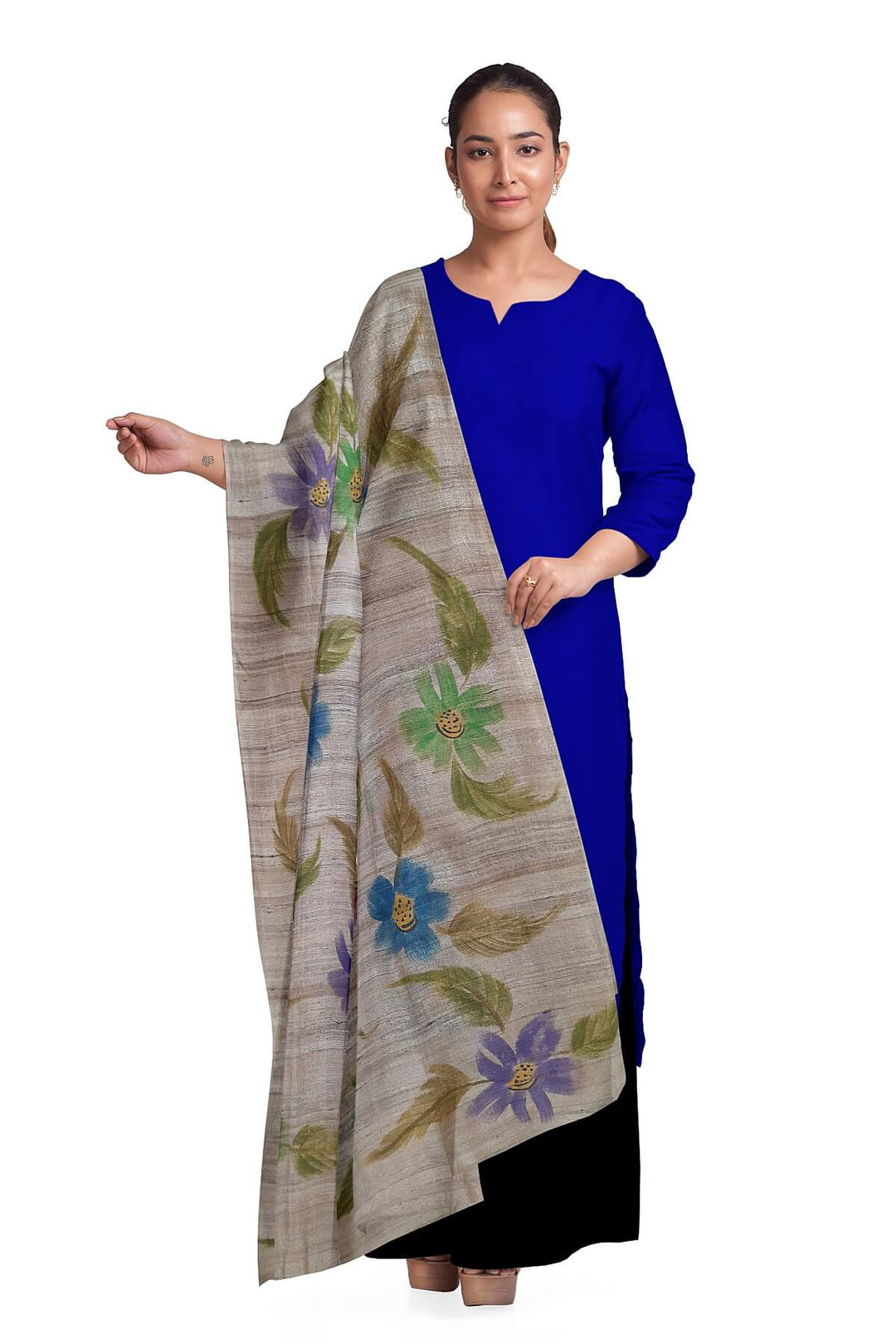 Handloom tussar pure silk dupatta  with hand painted floral pattern