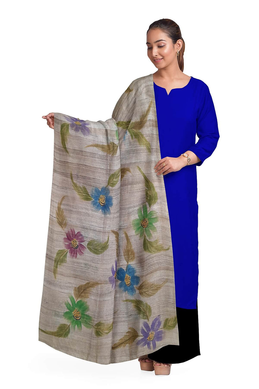 Handloom tussar pure silk dupatta  with hand painted floral pattern