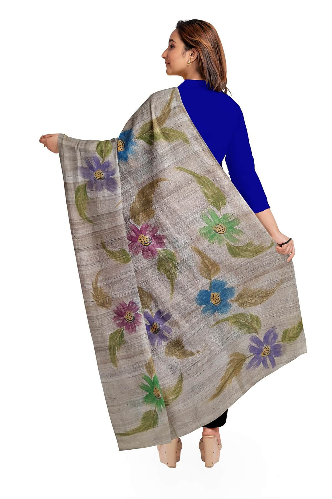 Handloom tussar pure silk dupatta  with hand painted floral pattern