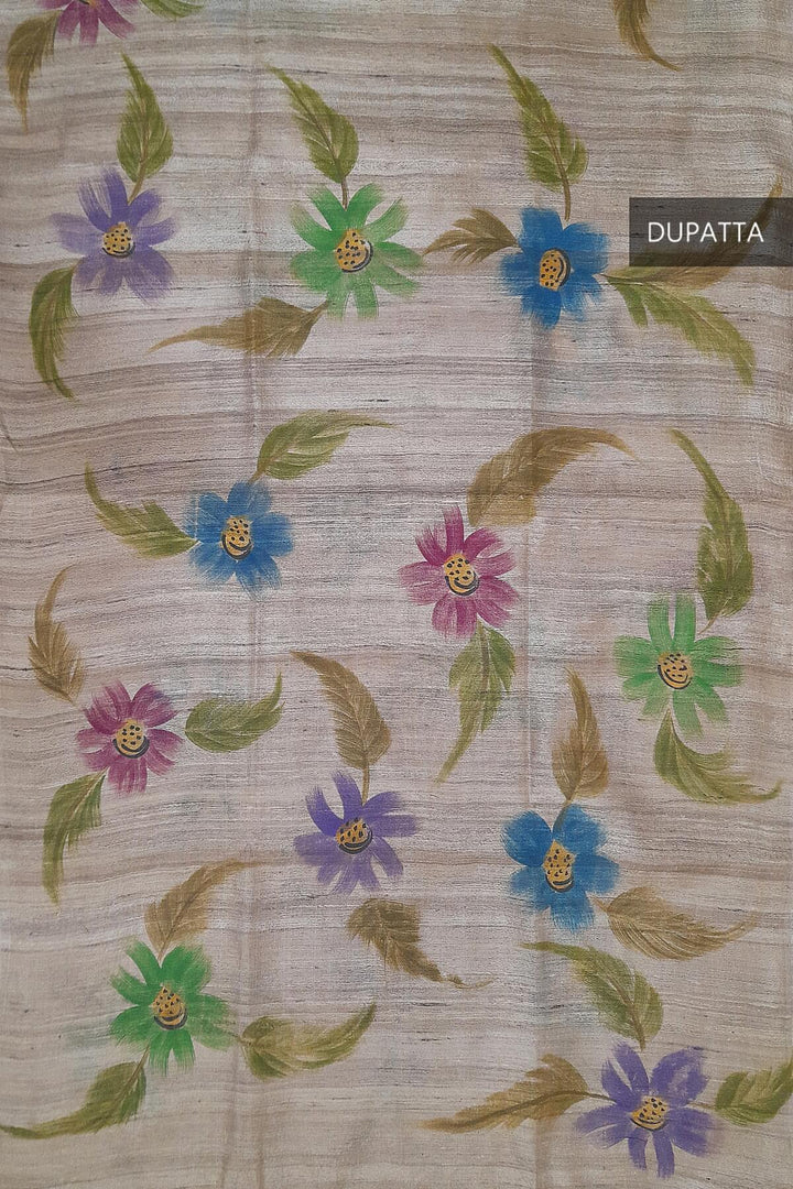 Handloom tussar pure silk dupatta  with hand painted floral pattern