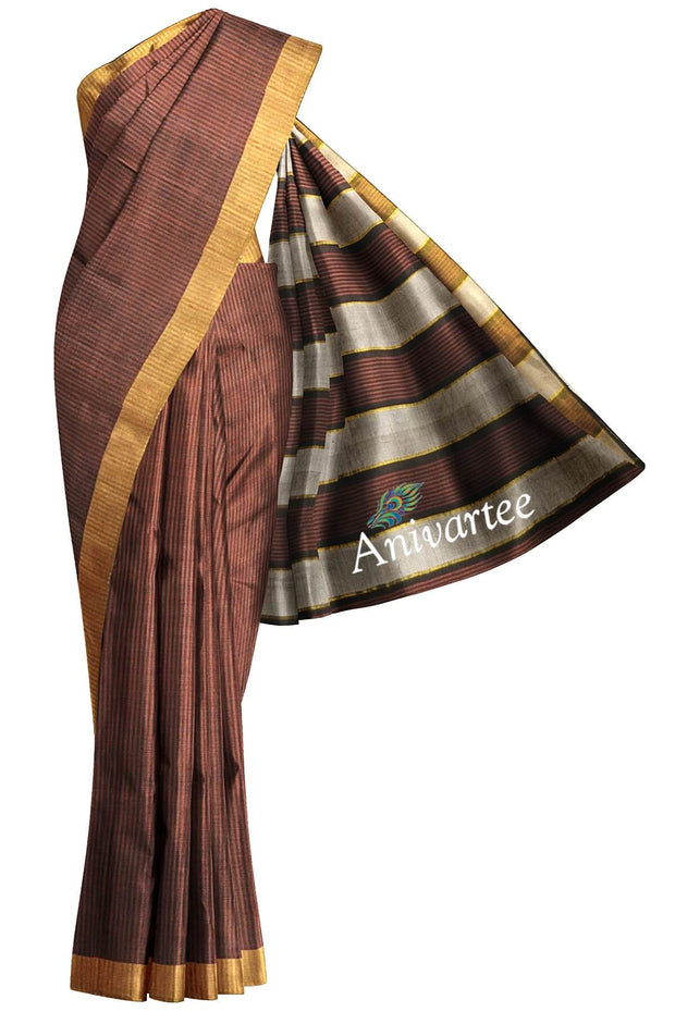 Handloom desi tussar silk saree in brown in self stripes - Anivartee