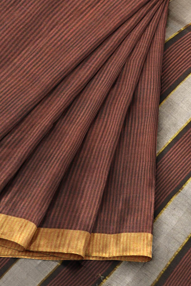 Handloom desi tussar silk saree in brown in self stripes - Anivartee