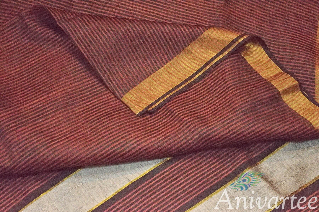 Handloom desi tussar silk saree in brown in self stripes - Anivartee