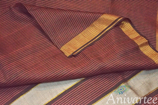 Handloom desi tussar silk saree in brown in self stripes - Anivartee