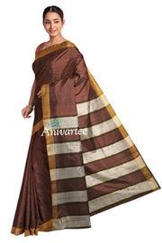 Handloom desi tussar silk saree in brown in self stripes - Anivartee