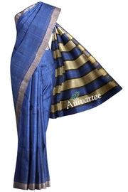 Handloom desi tussar silk saree in blue in self stripes - Anivartee