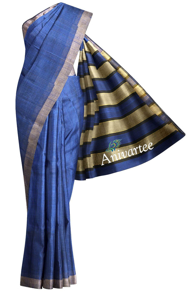 Handloom desi tussar silk saree in blue in self stripes - Anivartee