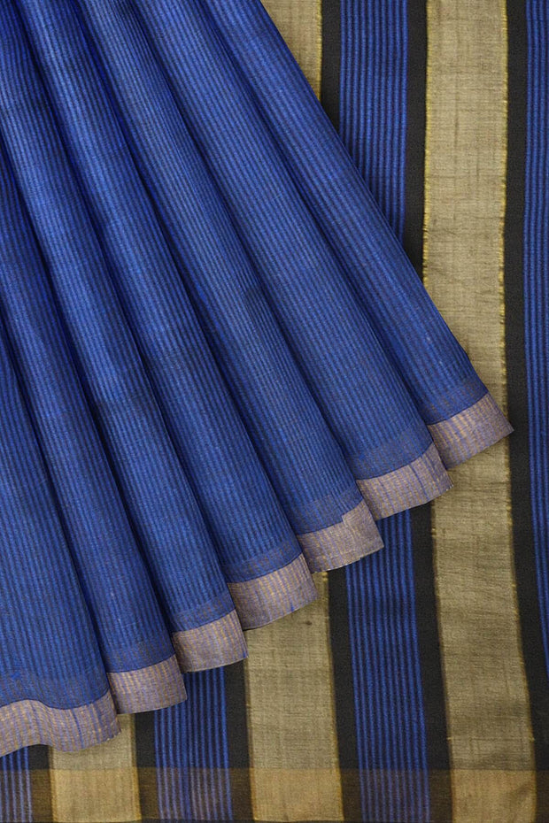 Handloom desi tussar silk saree in blue in self stripes - Anivartee