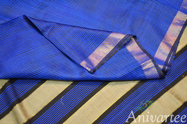 Handloom desi tussar silk saree in blue in self stripes - Anivartee