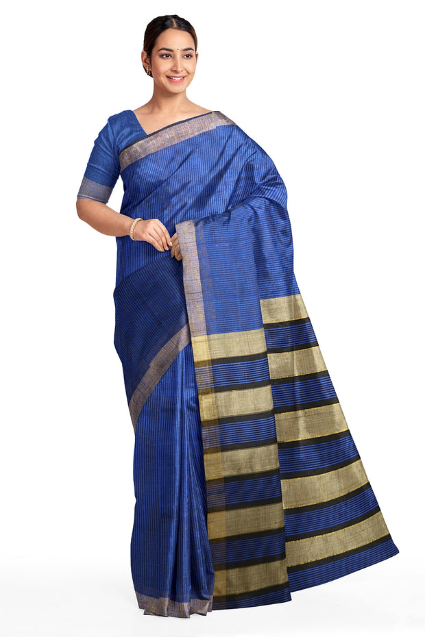 Handloom desi tussar silk saree in blue in self stripes