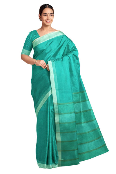 Handloom desi tussar pure silk saree in fine striped aqua blue
