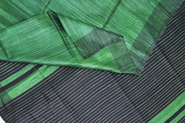 Handloom desi tussar pure silk saree  in striped green  with contrast pallu in black