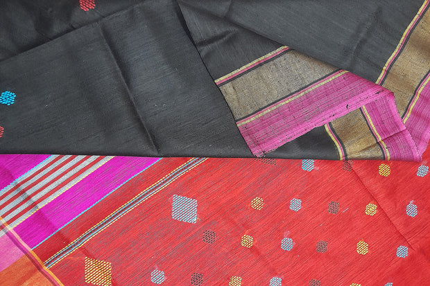 Handloom desi tussar pure silk saree  in black with kasuti work