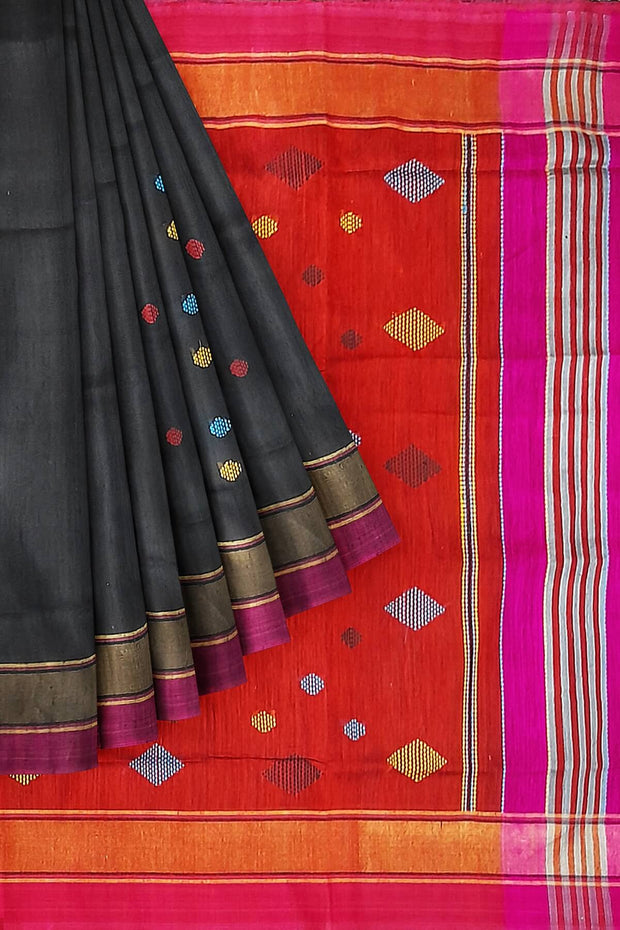 Handloom desi tussar pure silk saree  in black with kasuti work