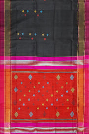 Handloom desi tussar pure silk saree  in black with kasuti work
